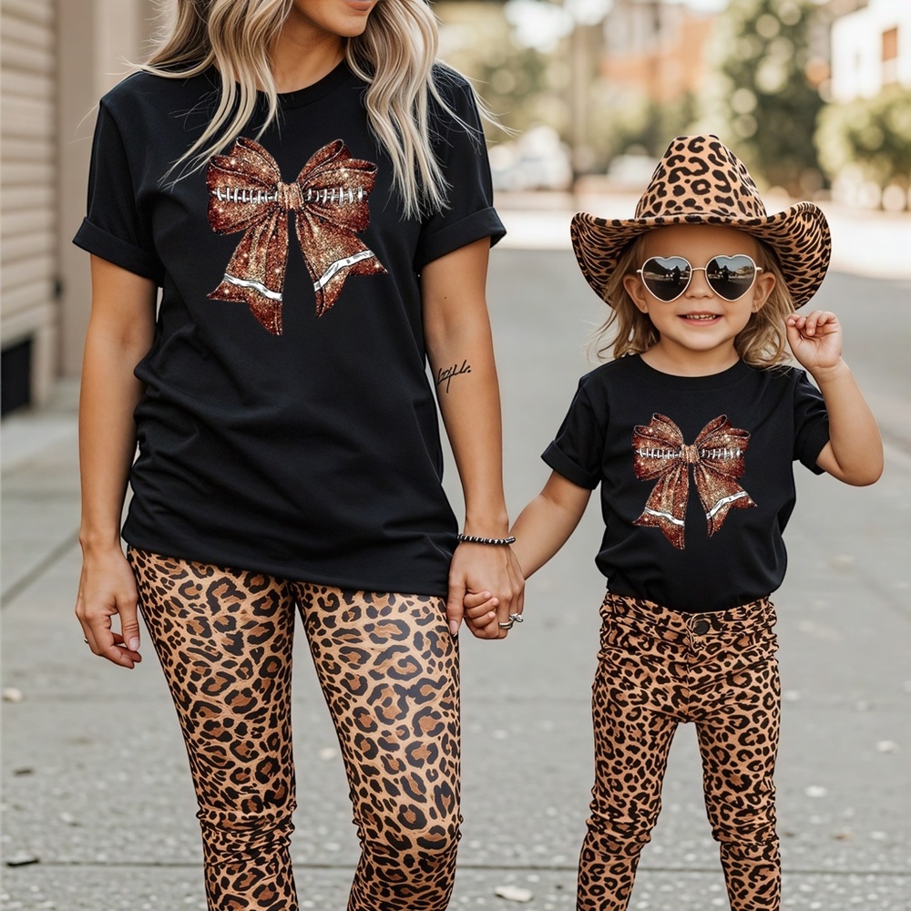 🏈 Coquette Football T-shirt 3d faux glitter bow S M L XL new Game day leopard